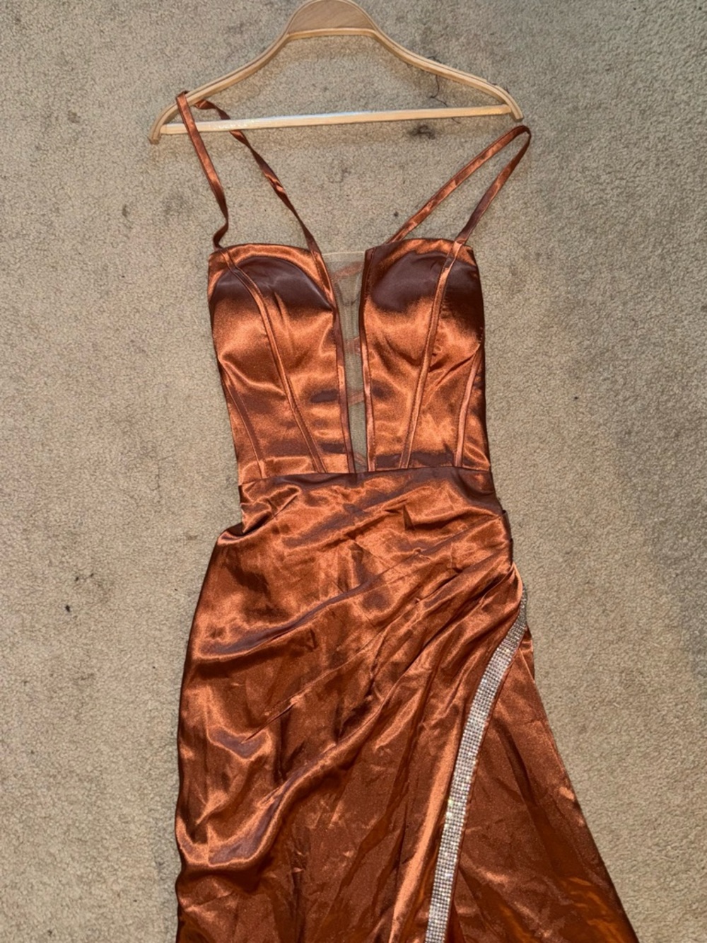 Satin Copper Spaghetti-Strap Prom Dress